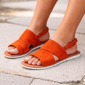 SOREL Ella II Slingback Womens Sz 10.5 Orange Suede Comfort Sandals Flats